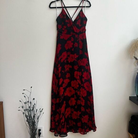 Lulus Women's Spaghetti Wrap Slit Floral Maxi Dress Red/Black Size S - Picture 1 of 11